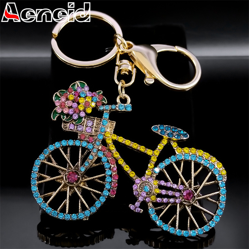 Ethnic And Fashion - カラフルなクリスタルバイクフラワー自転車キーチェーン女性合金ラインストーンゴールドカラースポーツキーリングアクセサリージュエリーギフト K9439S04