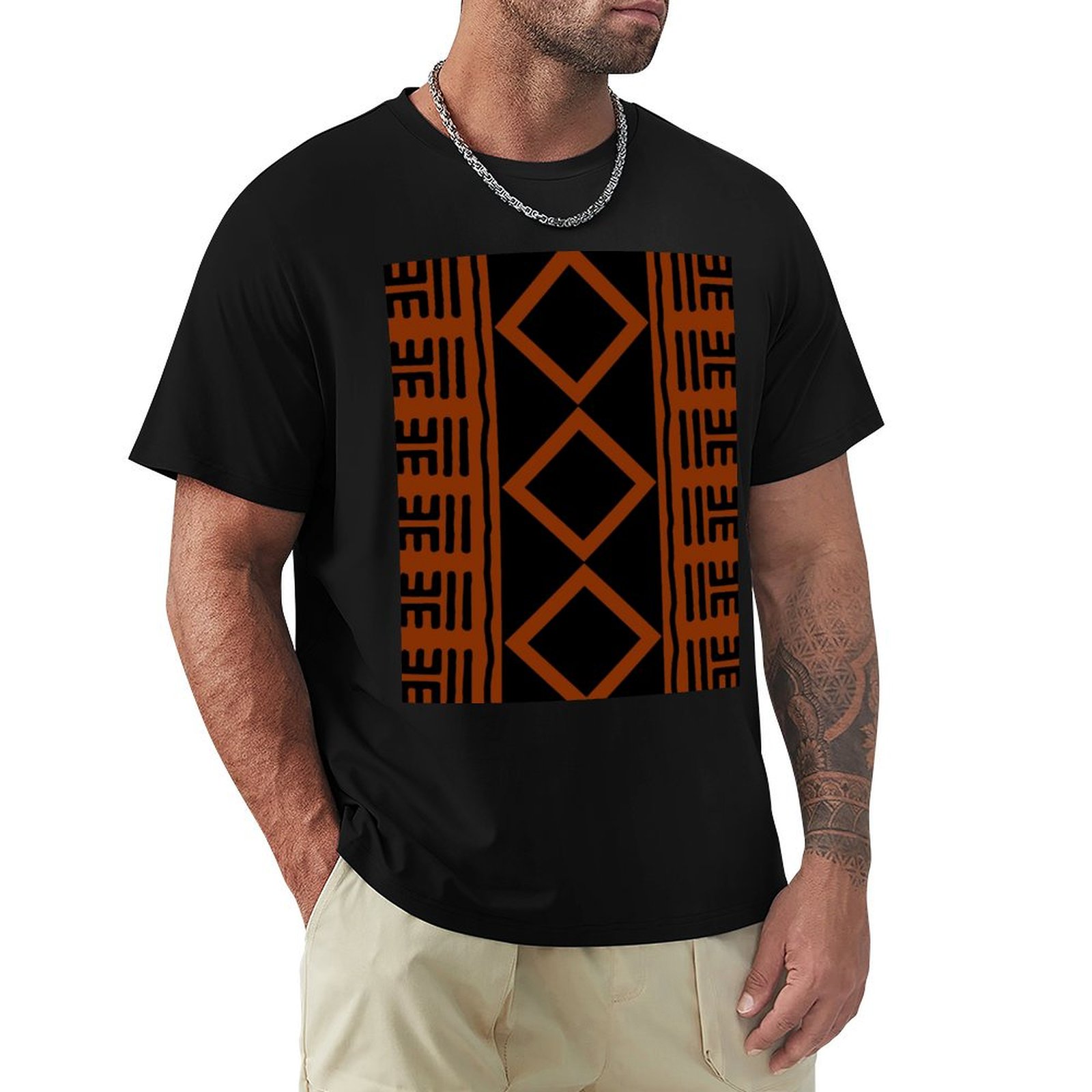 Mudcloth Print Top - 錆色のアフリカンマッドクロスTシャツ ベーシック半袖コットン混紡Tシャツ