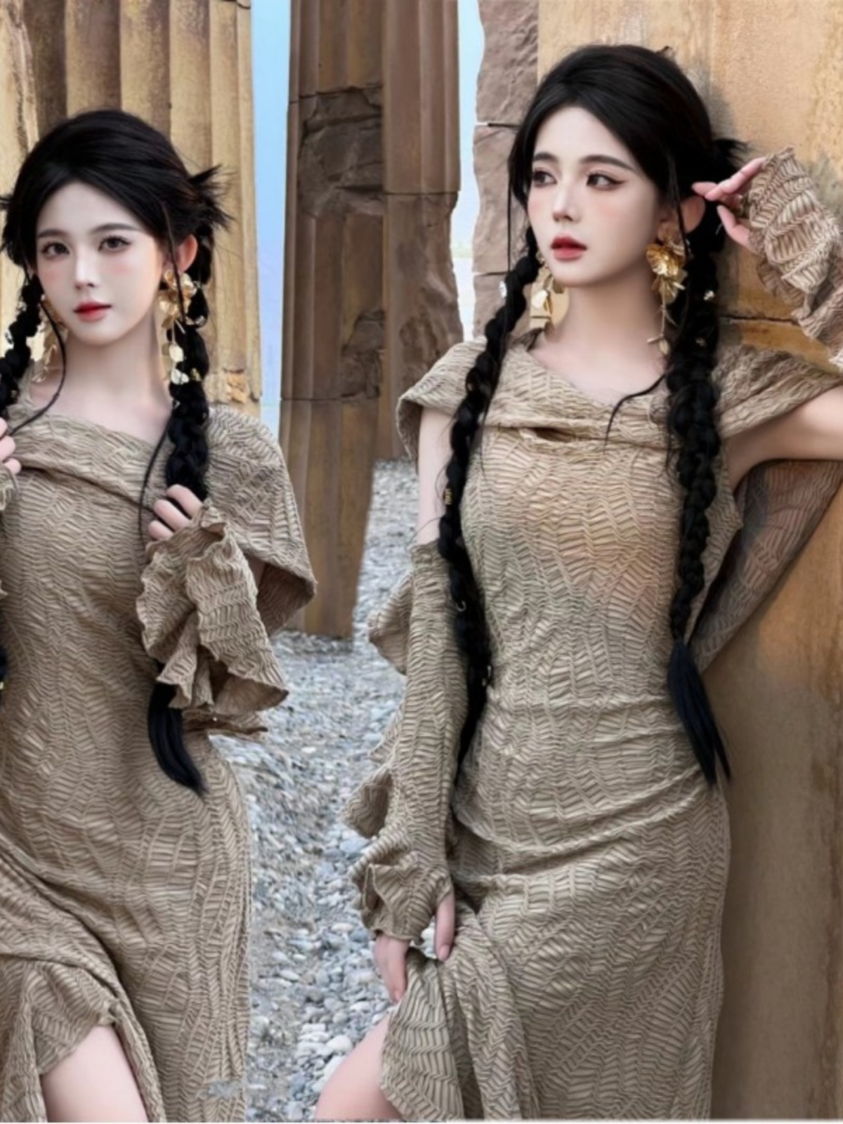 Ethnic Fashion Photography - 砂漠テーマのロングドレス女性のファッションエスニックスタイル旅行写真撮影セットスパイシーガール服ステージパフォーマンス衣装