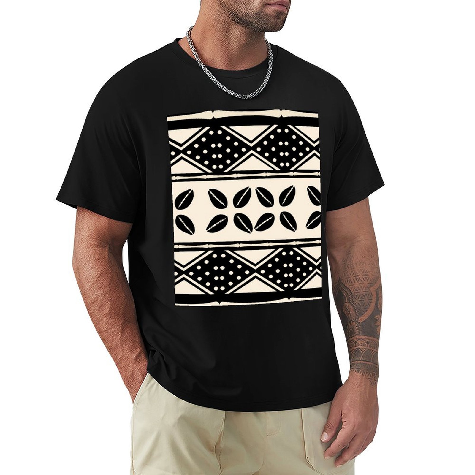 Mudcloth Print Top - アフリカの抽象的な泥染め布柄Tシャツ ベーシックなシンプルデザイン 半袖シャツ