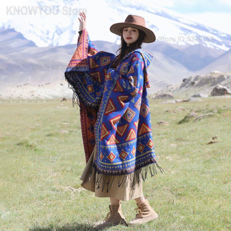 Ethnic Fashion Photography - 女性用エスニックスタイルフード付きマントショール厚く暖かいトラベルマントコートボヘミアンマント旅行写真撮影用