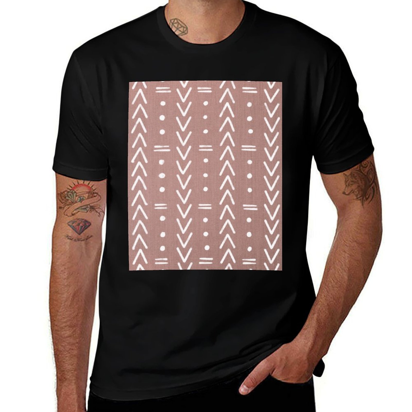 Mudcloth Print Top - マッドクロス ホワイト 幾何学模様 ブラッシュピンク Tシャツ メンズ