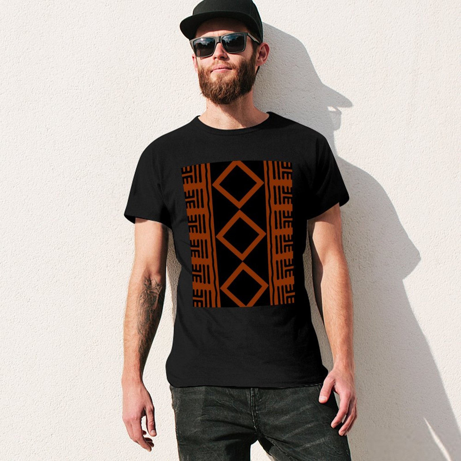 錆色のアフリカンマッドクロスTシャツ ベーシック半袖コットン - Mudcloth Print Top のレビューと価格